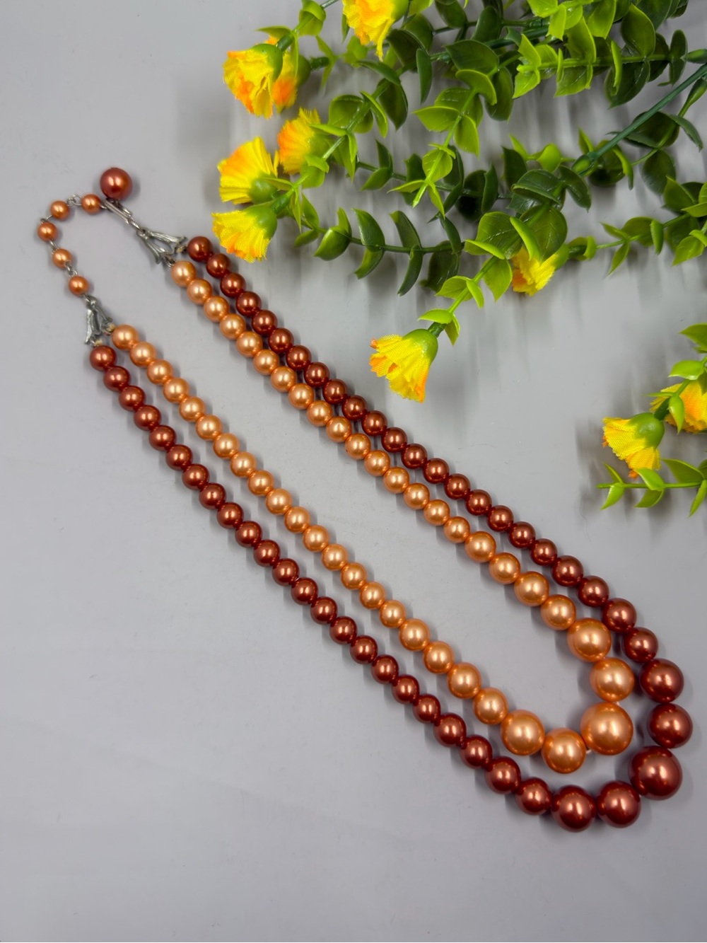 Beautiful Autumn Colours Graduated Pearl Double Strand Vintage Necklace